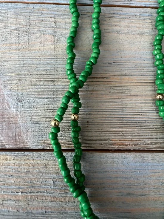 3pc Spring Necklace Set Red Choker, Green Seed Bead, Long Gold Multicolor Layers - Picture 6 of 13